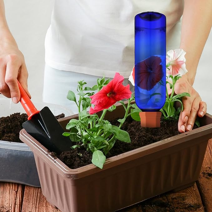 12 Pack Plant Watering Devices Include 6 Terracotta Self Watering Spikes and 6 Pcs 26 oz Plastic Bottles, Slow Release Vacation Insert Automatic Plant Waterer Device (Blue)