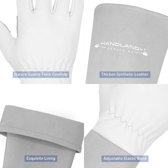 HANDLANDY Long Gardening Gloves for Men & Women, Thorn Proof Rose Pruning Gloves Leather Gauntlets Garden Gloves Yard Work Gloves (Large, Grey)