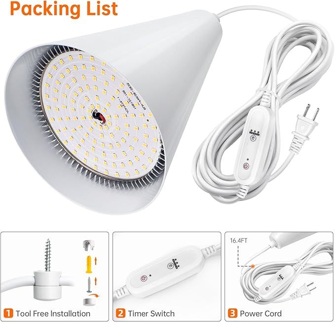 Hanging Grow Light, Full Spectrum Grow Lights for Indoor Plants, 25W Plant Light Bulbs with 16.4FT Power Cord, 5000K Plant Light with Timer