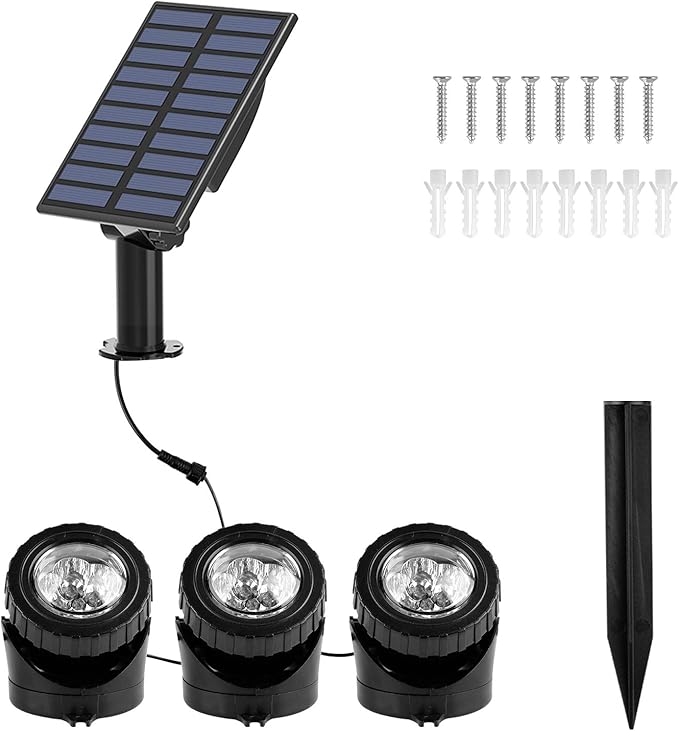 T-SUN Solar Pond Lights, 3 in 1 RGB Color Changing Underwater Pond Lights, Outdoor Waterproof LED Landscape Spotlights for Fish Tank Garden Yard Pool Pond Fountain Waterfall Decoration(3 Head Lamp)