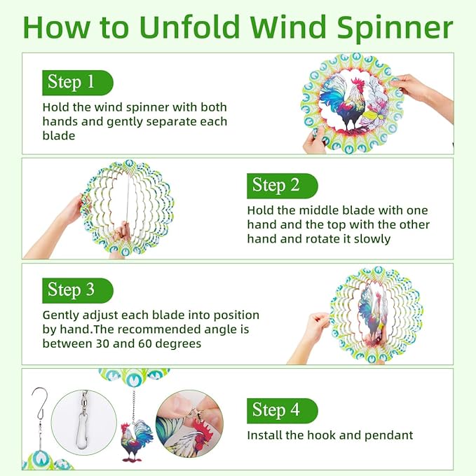 Wind Spinners Outdoor, FACIACC Rooster Metal 3D Hanging Garden Decor, 12-inch Stainless Steel Wind Spinner with Tail Spinner, Wind Sculptures for Indoor Patio Lawn Yard, Ornament Gift for Women/Men