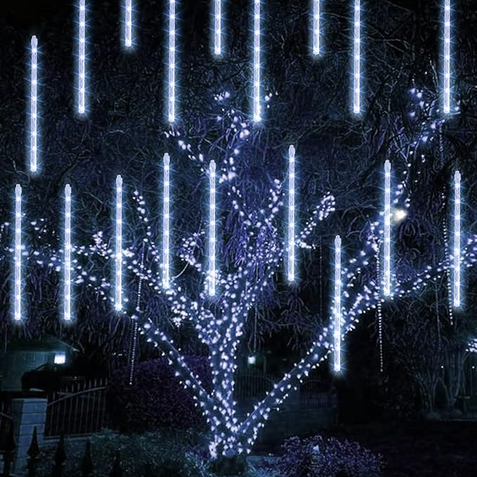 TW SHINE White Christmas Meteor Shower Lights Outdoor, 288LED 12" 8 Tubes Waterproof Christmas Lights Outdoor Plug in, Snow Falling Rain Icicle Xmas Lights Decorations, White