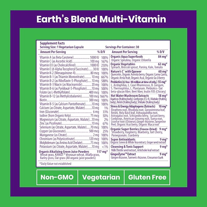 Paradise Herbs, Earth's Blend, Multivitamin, 48 Organic B12, C, K2, Daily 30