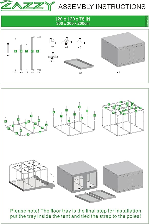 zazzy Growing Tent, 120"x120"x78" Grow Tent High Reflective Mylar with Observation Window and Removable Floor Tray for Hydroponics Indoor Plant Growing 10x10