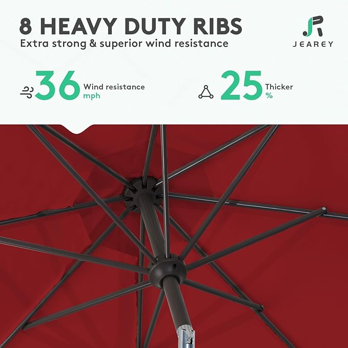 JEAREY 10FT Outdoor Patio Umbrella Outdoor Table Umbrella with Push Button Tilt and Crank, Market Umbrella 8 Sturdy Ribs UV Protection Waterproof for Pool, Garden (Light Red)