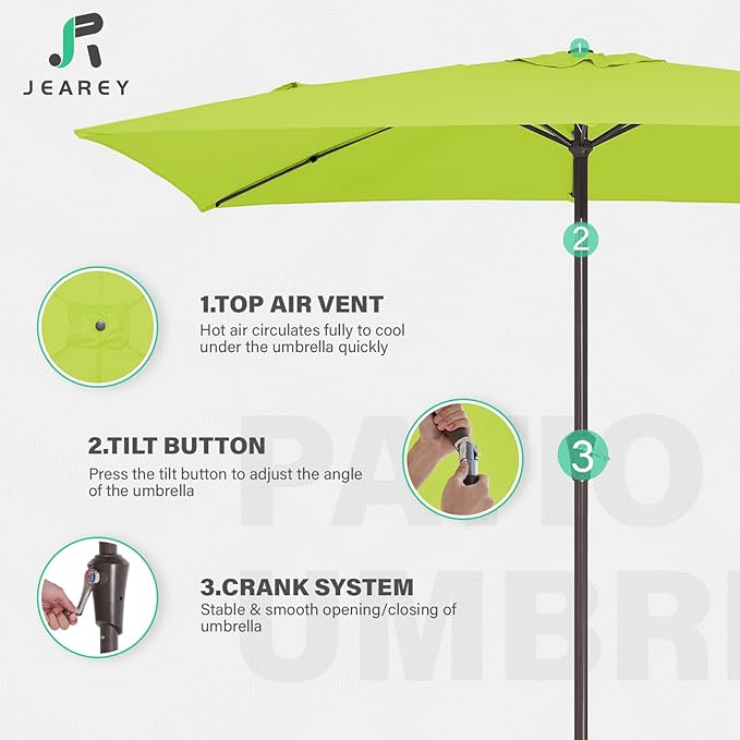 JEAREY 6.5x10 ft Rectangular Patio Umbrellas Outdoor Market Umbrella with Push Button Tilt and Crank, Rectangle Table Umbrella 6 Sturdy Ribs UV Protection for Pool Garden Backyard Deck, Apple Green