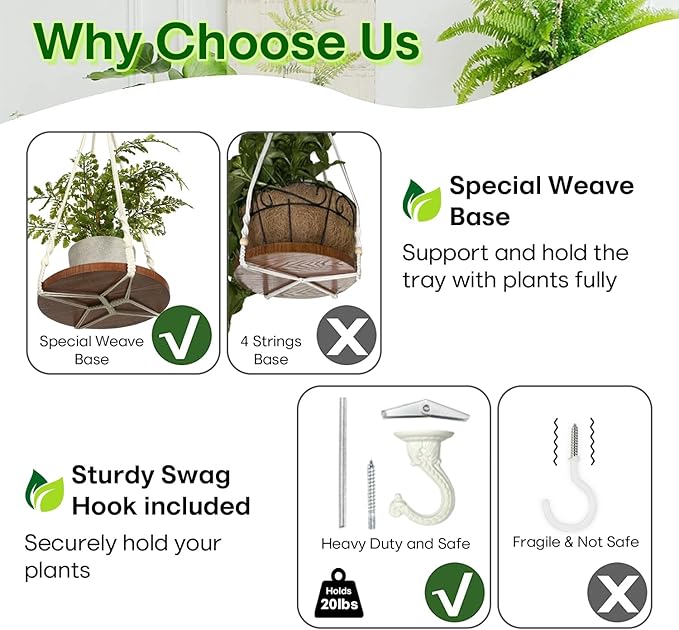 2 Tier Macrame Plant Hanger | Plant Hanger Indoor, Hanging Planter | Hanging Planter Shelf (Black) (Large, 12" Shelf)