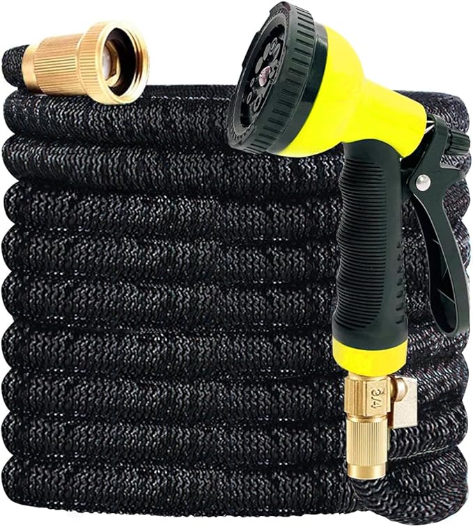 J&B XpandaHose 100ft Expandable Garden Hose with Holder - Heavy Duty Superior Strength 3750D - 4 -Layer Latex Core - Extra Strong Brass Connectors and 10 Spray Nozzle w/Storage Bag (Black 100)
