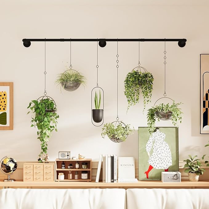 Plant Hanger Indoor with 6 Hanging Chains Hanging Planters for Indoor Plants Hanging Plant Holder Window Plant Rod Black Metal Shelves(73 Inch Pot not Included