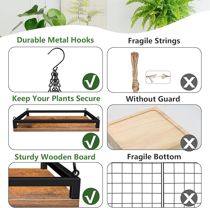 Plant Hanger Indoor, 16" Wooden Hanging Plant Holder with Metal Frame Large Hanging Planter for Indoor Plants Load 50LB Hanging Plant Shelf with 27.6" Long Chain, Ideal for Heavier Pots Window Ceiling