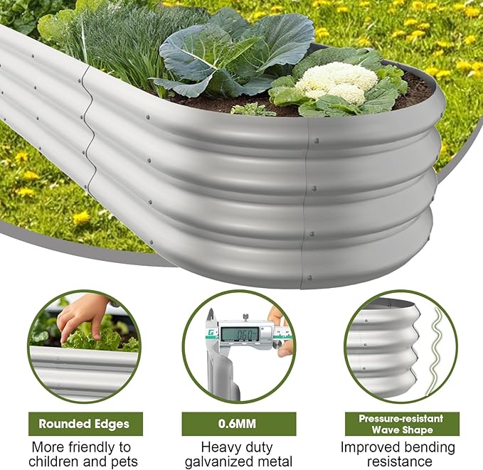 6x2x1ft Oval Galvanized Raised Garden Bed Outdoor 9-in-1 Large Metal Modular Planter Box Raised Beds for Gardening,Vegetables,Fruits,Flowers & Herbs (Silver)