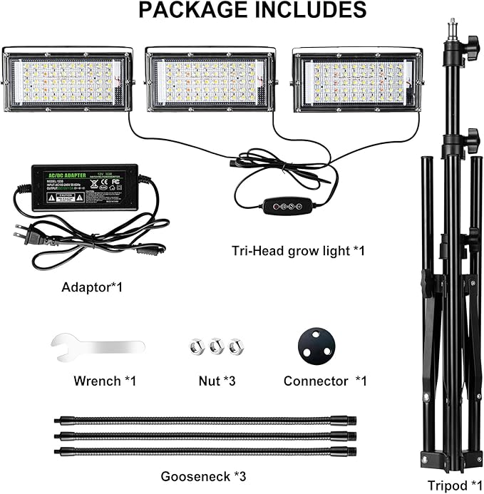 LBW Grow Light with Stand, Tri-Head LED Plant Light for Indoor Plants, Full Spectrum 150 LEDs, 3/6/12H Timer, 6 Dimmable Levels, 3 Switch Modes, Adjustable Tripod Stand 15-63 inches