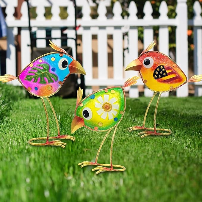 Birds Garden Decor for Outside: Metal & Glass Bird Yard Art, Craft Statue Lawn Ornaments for Outdoor, Housewarming Birthday Gifts for Women (3 PCS)