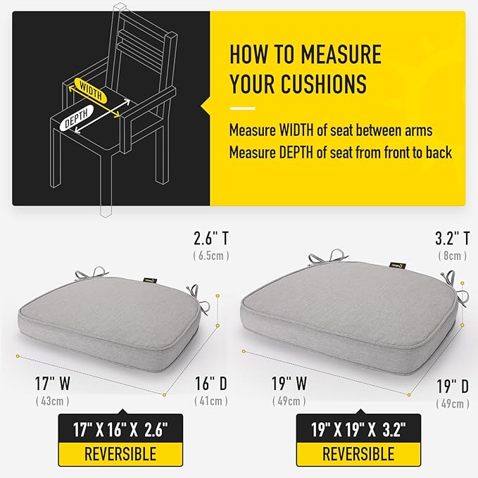 SUNROX Gel Memory Foam Chair Cushions, FadeShield Water-, Stain-Resistant Durable Reversible Seat Cushion Pads with Ties for Indoor/Outdoor Kitchen Dining Office, 17"x16", Set of 4, Heather Grey