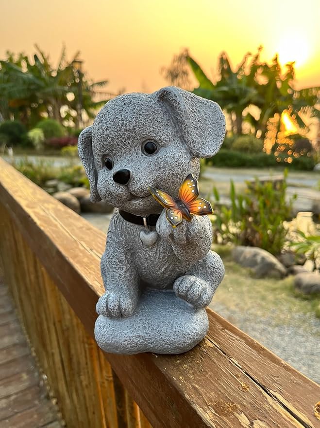 Solar Dog Statue Garden Decor with Butterfly Light – Waterproof Outdoor Yard Art for Patio, Lawn, Balcony for Patio, Balcony, Yard Ornament, Unique House Warming Garden Gifts Figurine Lights
