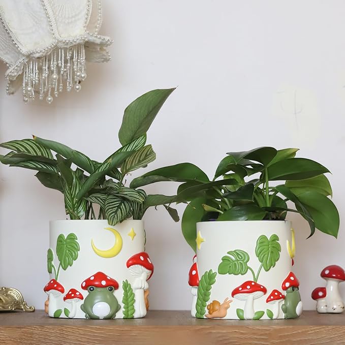 GUGUGO Colorful Frog Garden Plant Pots, Cute Unique Succulent Planters with Drainage, Rainbow Small Mushrooms Flower Planters Pots for Indoor Plants, Funny Eclectic Home Décor (B, 5Inch)