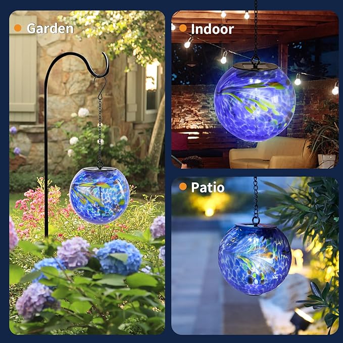 VCUTEKA Solar Hanging Lanterns Outdoor Decoration, Glass Solar Lights with Hook Up, Solar Garden Gazing Ball Light for Yard, Tree and Patio Decor, Blue
