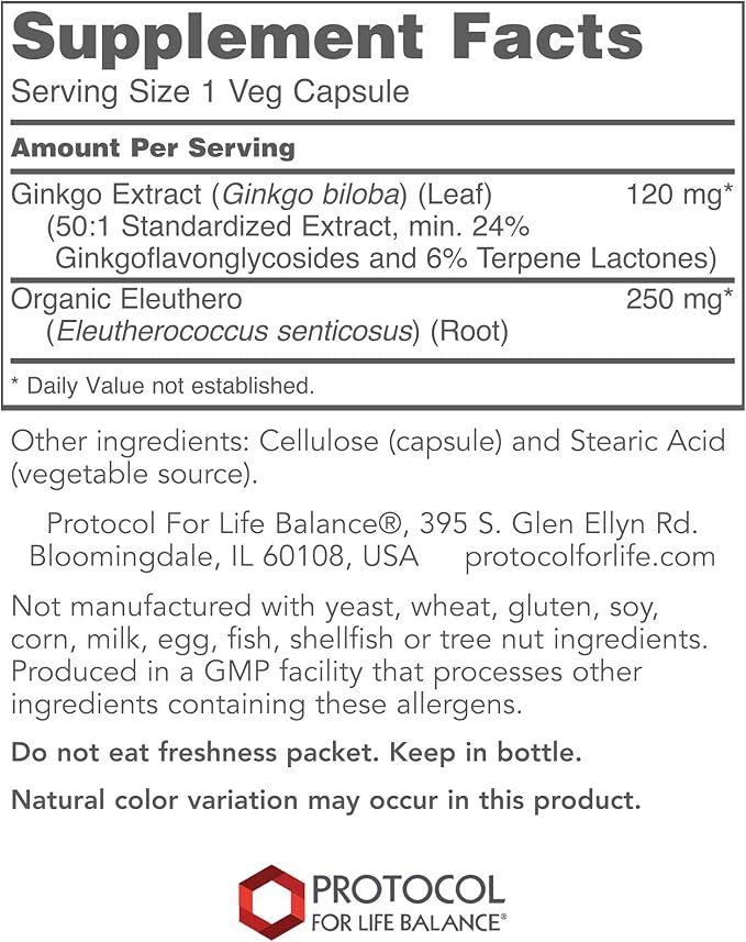 Protocol Ginkgo Biloba with Eleuthero Herbal Supplements 100 Veg
