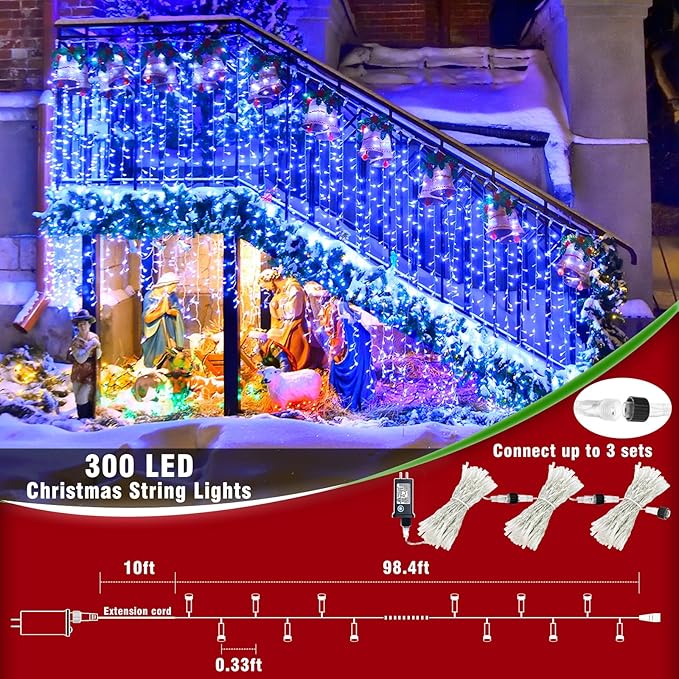 Vivideal 300 LED Christmas Lights Outdoor - 99ft Extra Long Christmas String Lights 8 Modes Plug in Waterproof Fairy Lights with Timer Memory for Indoor Outside Bedroom Home Party Decoration, Blue