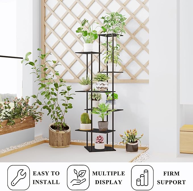 Plant Stand Indoor 7-Tier Metal Wood Plant Shelf for Multiple Flower Pots Corner Tall Flower Holders for Living Room Balcony Bedroom, Black