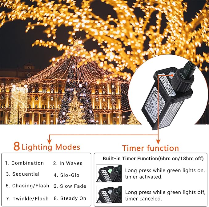 175Ft Christmas Lights Outdoor, 500 LED Christmas String Lights with 8 Modes, Timer, Waterproof Fairy Twinkle Lights for Christmas Party, Garden, Wedding, Holiday, Xmas Tree Decorations (Warm White)