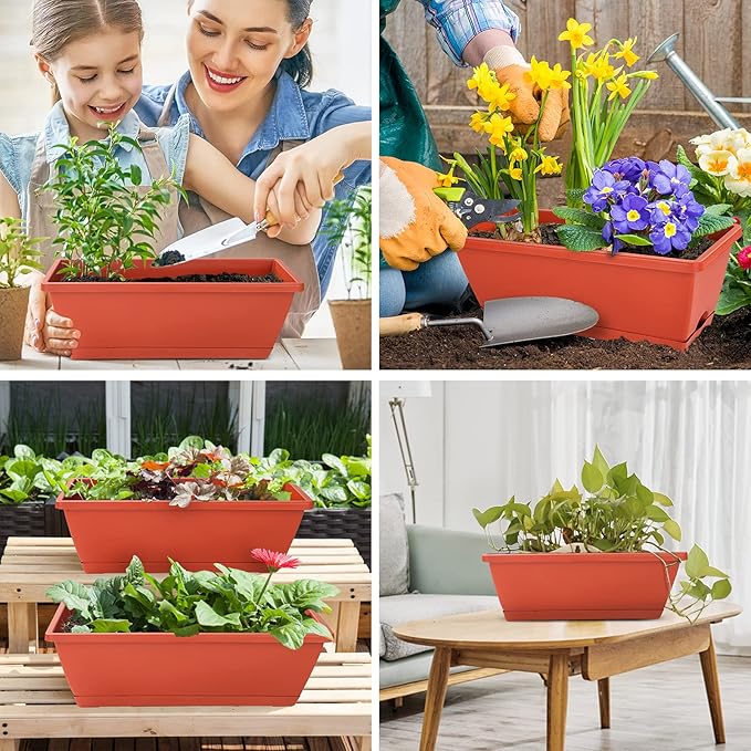 Window Box Planter, 12 Pack Plastic Vegetable Flower Planters Boxes 17 Inches Rectangular Flower Pots with Saucers for Indoor Outdoor Garden, Patio, Home Decor (Brick red)