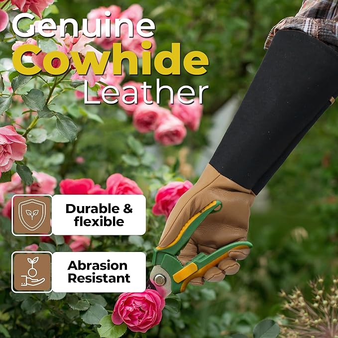 HANDLANDY Long Gardening Gloves for Men & Women, Cowhide Leather Rose Pruning Gloves, Breathable Thorn Proof Gauntlet Gloves (Brown-Cowhide, L)