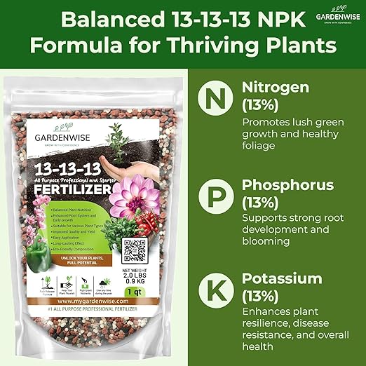 13-13-13 Slow Release Granular Fertilizer β All Purpose Plant Food 13 13 13 for Outdoor Grass, Vegetables, Roses, Flowers, Shrubs, Trees. Lawns, Gardens, Potted Plants (3 quarts)