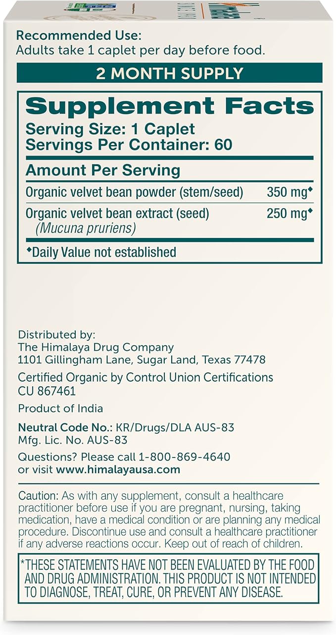 Himalaya Organic Mucuna/Pruriens Herbal Supplement, Supports 600 mg, 60 Plant-Caplets, 60 Day
