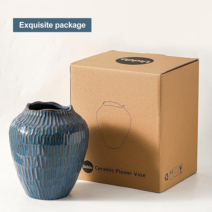 Blue Ceramic Vase for Home Decor,7.8 Inch Flower Vases,Decorative Vase for Pampas Grass,Modern Art Texture Vases for Home Entryway Living Room Dining Table Farmhouse Office Decor- Blue