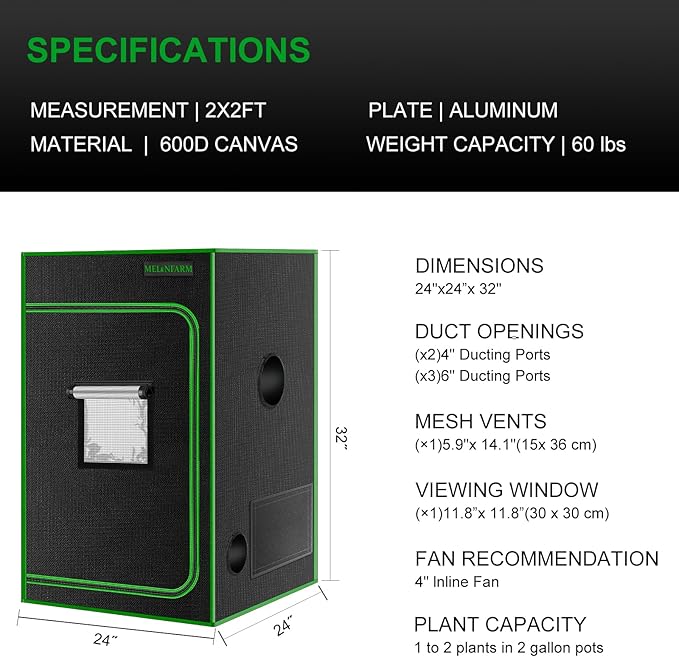 MELONFARM 24"x24"x32'' Grow Tent, High Reflective 600D Diamond Mylar Canvas with Observation Window and Floor Tray for Hydroponic Indoor Plant Growing