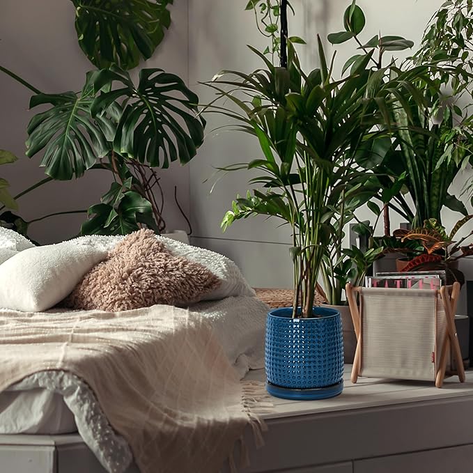 D'vine Dev 6 Inch Ceramic Beaded Stoneware Planter Pot - Flower Pot with Drainage Holes and Saucers for Indoor Succulent Plants or Flowers, Midnight Blue, 27-C-X-3