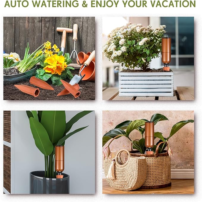 Baderke 12 Set Plant Watering Devices, Terracotta Watering Spikes with 25 oz Plastic Wine Bottles, Slow Release Vacation Insert Automatic Plant Waterer Device for Indoor Outdoor