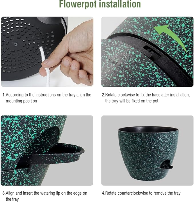 10 inch Self Watering Pots, Planter, Plant Pots with Mesh Drainage Holes for Indoor Outdoor House Plants and Garden, 2 Pack Plastic Flower Pots with Reservoir, Black with Green Speckles