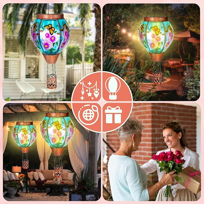Solar Hot Air Balloon Lantern with Flame, Butterfly Glass Outdoor Solar Lanterns for Outside Hanging Farmhouse Patio Pathway Decor, Butterfly Gifts for Women Grandma Mom