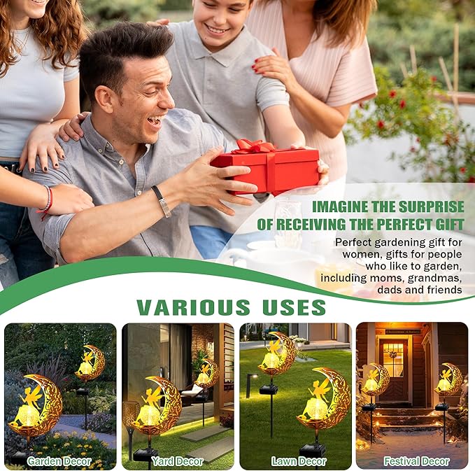 YJFWAL Garden Solar Lights Pathway Stake Lights Moon Fairy Glass Globe with Angel Decor, Outdoor Decorative Lights Waterproof for Walkway, Yard, Lawn, Patio or Courtyard Halloween Decor(Warm White)