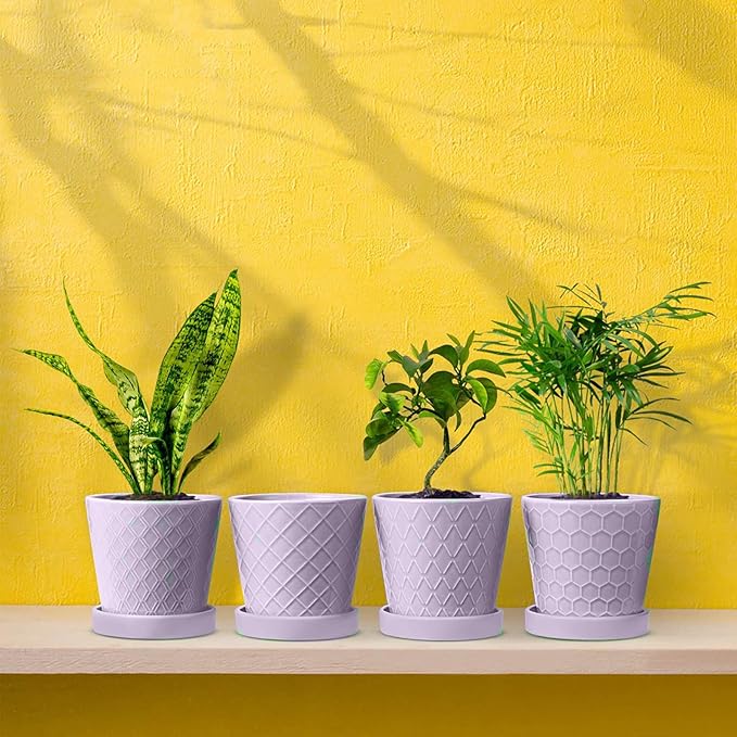 Plant Pots Indoor –5 in Ceramic Flower Pot with Drainage Hole and Ceramic Tray - Gardening Home Desktop Office Windowsill Decoration Gift, Set of 4 - Plants Not Included(Purple)