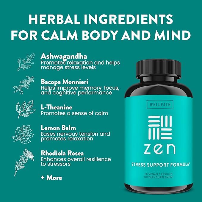 WellPath Zen Stress Relief Supplement + Mood Support (180 ct)- Calm, Stress & Energy Support | Ashwagandha Root, Rhodiola Rosea, L-Theanine, Lemon Balm | Herbal Capsules,