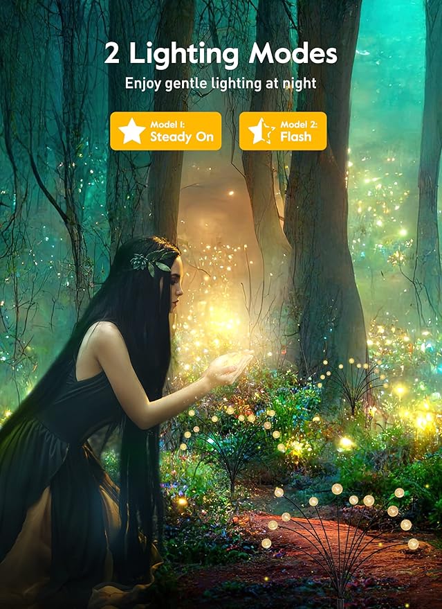 Solar Garden Lights - 4 Pack 12 LED Crystal Solar Firefly Lights with 2 Lighting Mode, Sway by Wind, Waterproof Solar Decorative Lights, Solar Outdoor Lights for Yard Walkway Decoration, Warm White