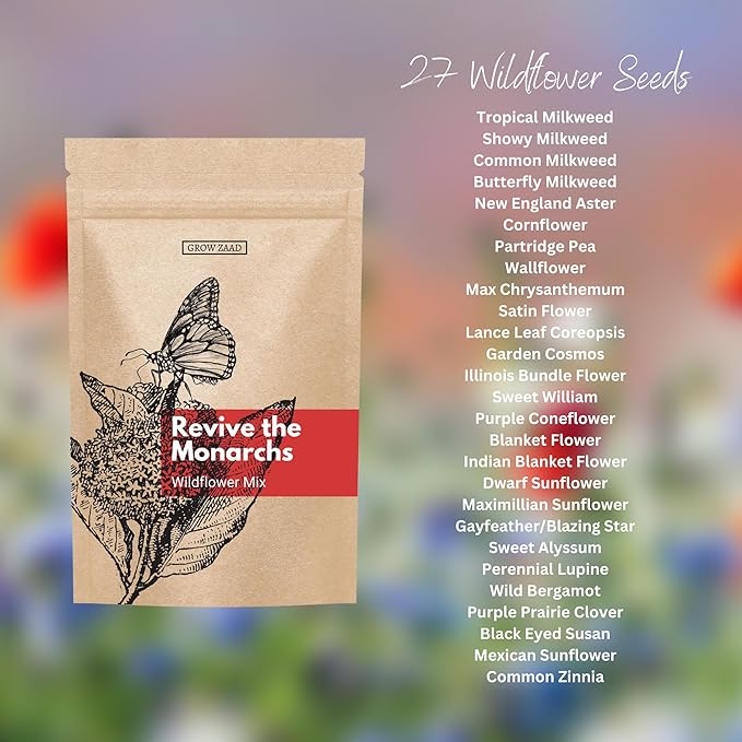 6,000+ Seeds - Protect Monarch Butterflies Wildflower Mix - 27 Wild Flower Varieties - Pollinator - Perennial & Annual Flowers Milkweed, WallFlower, Zinnia - Planting Outdoor Spring - 1 oz