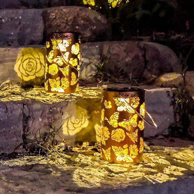 Mothers Day Gifts, 2 Pack Butterfly Solar Lanterns Outdoor Hanging Lantern Lights, Flower Pattern Waterproof LED Garden Decorative Light for Patio Yard Pathway Lawn Front Porch Tree
