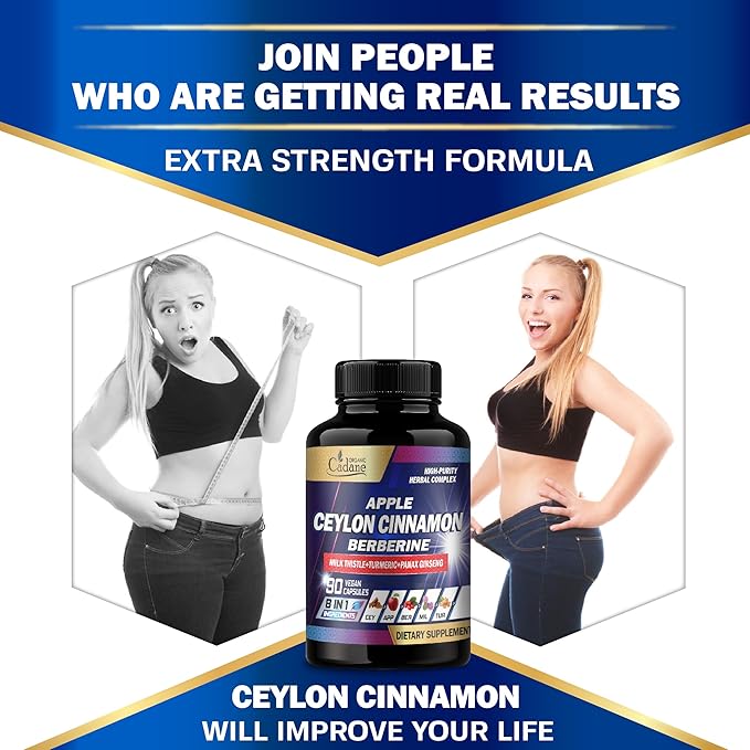 Organic Cadane Ceylon Cinnamon 7500mg Berberine 1500mg Apple 2000mg - 90 Vegan 8 Herbs 3 Month