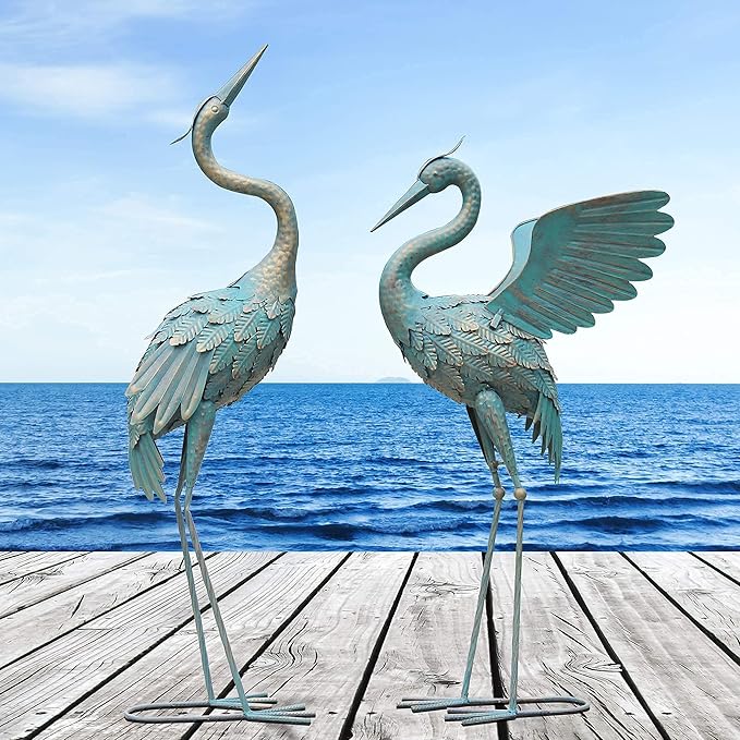 33-37 Inch Metal Crane Garden Statue Décor, Bird Garden Sculpture & Statues, Outdoor Decoration for Yard Patio Lawn Backyard Pool, Vintage Spread Wings Crane, Set of 2