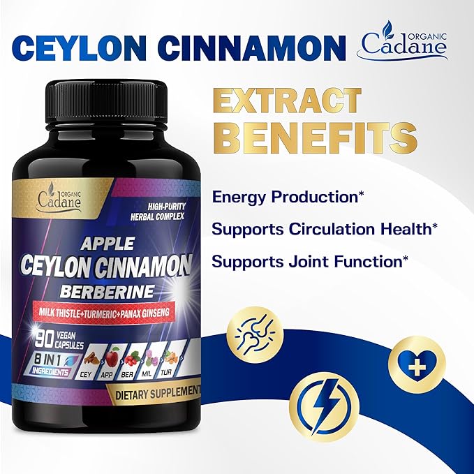 Organic Cadane Ceylon Cinnamon 7500mg Berberine 1500mg Apple 2000mg - 90 Vegan 8 Herbs 3 Month