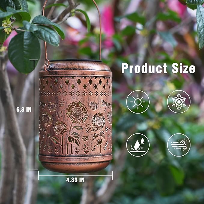 Solar Outdoor Lanterns, Sunflower Garden Decor LED Light Hanging Waterproof Solar Metal Lantern Gifts for Women Mom Grandma Outdoor Decoration for Patio Pathway Yard