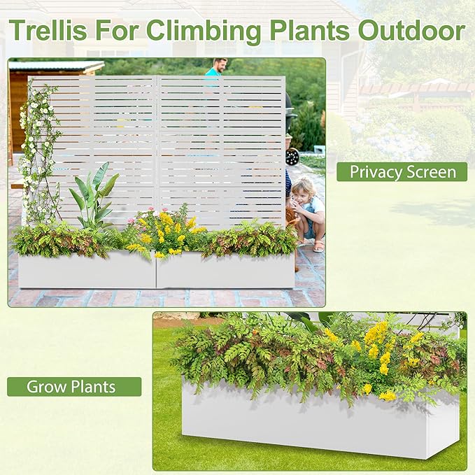 Trellis for Climbing Plants Outdoor,Mental Garden Bed with Drainage Holes Outdoor Privacy Screen Design Tall planters for herb Flower Vegetables 73"x47"x16", White-Louvered