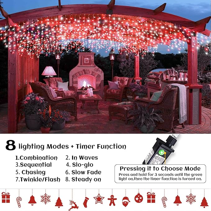 33ft Icicle Lights for Outside, Red and White Christmas Lights Outdoor Indoor, 400 LED Twinkle String Light with 75 Drops Short Curtain Light for Thanksgiving Room Home Wall Bedroom Window Decoration