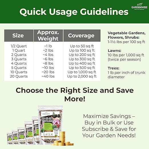 13-13-13 Slow Release Granular Fertilizer β All Purpose Plant Food 13 13 13 for Outdoor Grass, Vegetables, Roses, Flowers, Shrubs, Trees. Lawns, Gardens, Potted Plants (3 quarts)