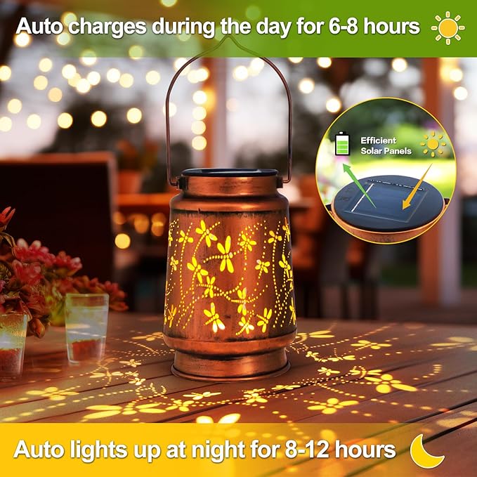 2 Pack Dragonfly Solar Lantern Lights Outdoor Decor, Hanging Metal Decorations Waterproof with LED Light, Landscape Lights for Garden Patio Yard Lawn Backyard Front Porch Gifts for Mom Grandma