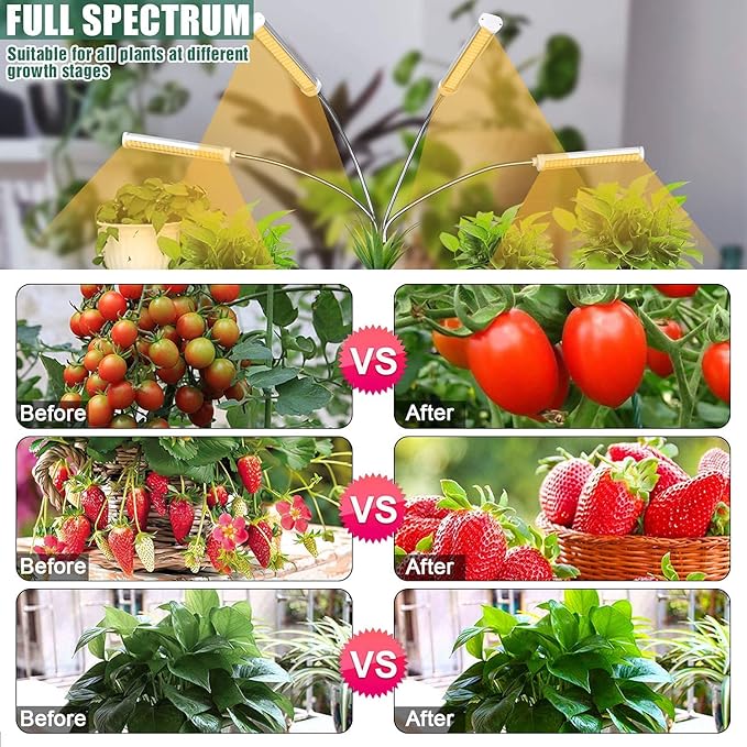 LED Grow Lights for Indoor Plants, 420 LEDs Full Spectrum Plant Lights for Indoor Growing with 15-63 inches Adjustable Tripod Stand, 4 Heads Floor Grow Lamp with 3/6/12H Auto On/Off Timer Function